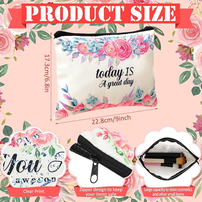 Pinkunn 16 Pcs Valentines Canvas Makeup Bags Bulk Inspirational Christian Women Religious Galentine Gifts Inspirational Bible Verse Pencil Pouch Makeup Bags with Zipper for Travel(Flower)