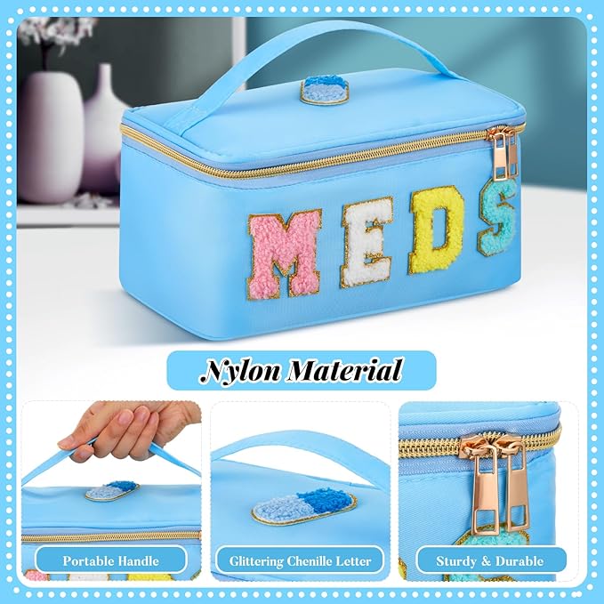 Geetery Clear Makeup Bag Chenille Letter Meds Bag Travel Cases Preppy Patch with Zipper, Portable Cosmetic Toiletry Storage case for Women(Meds,Blue)
