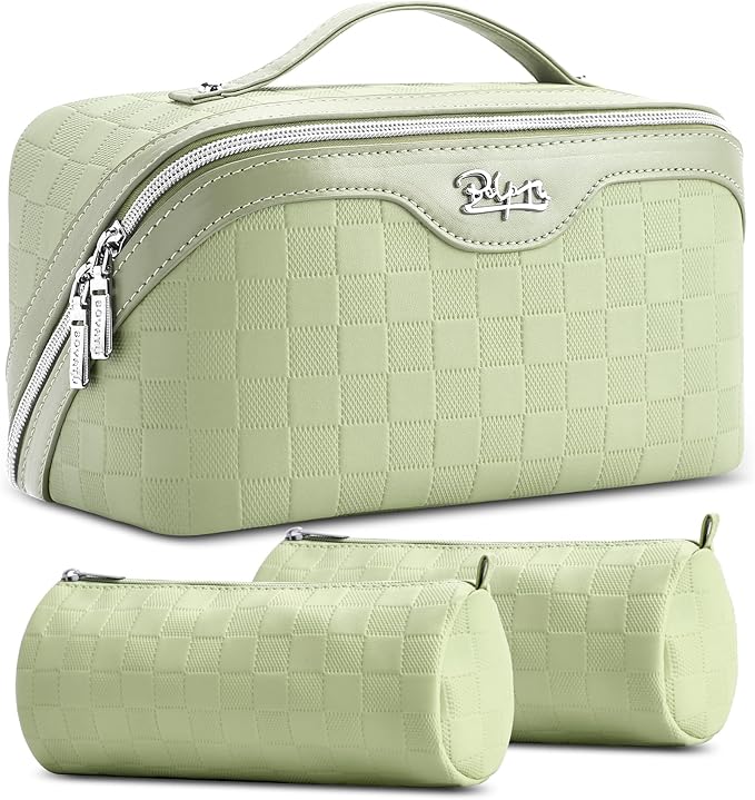 BOYATU Travel Makeup Bag Organizer Cosmetic Bag: 3 Pcs Set Make up Bags for Women with Handle - Waterproof Vegan Leather Toiletry Bags Travel Essentials Pouch with Compartments (01-D-Green)