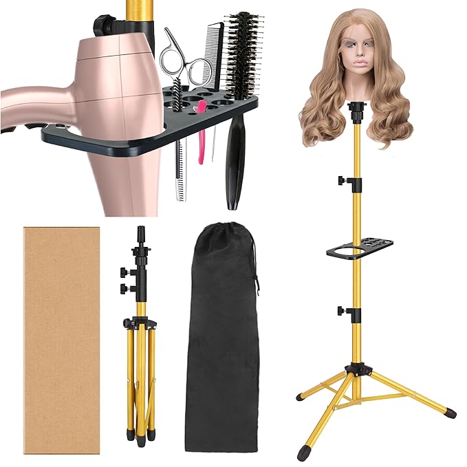 Wig Stand Tripod 50 Inch Metal Wig Mannequin Head Tripod Stand For Hairdressing Training Head Adjustable Wig Tripod Stand with Tool Tray (Golden, Mannequin Head Not Included)