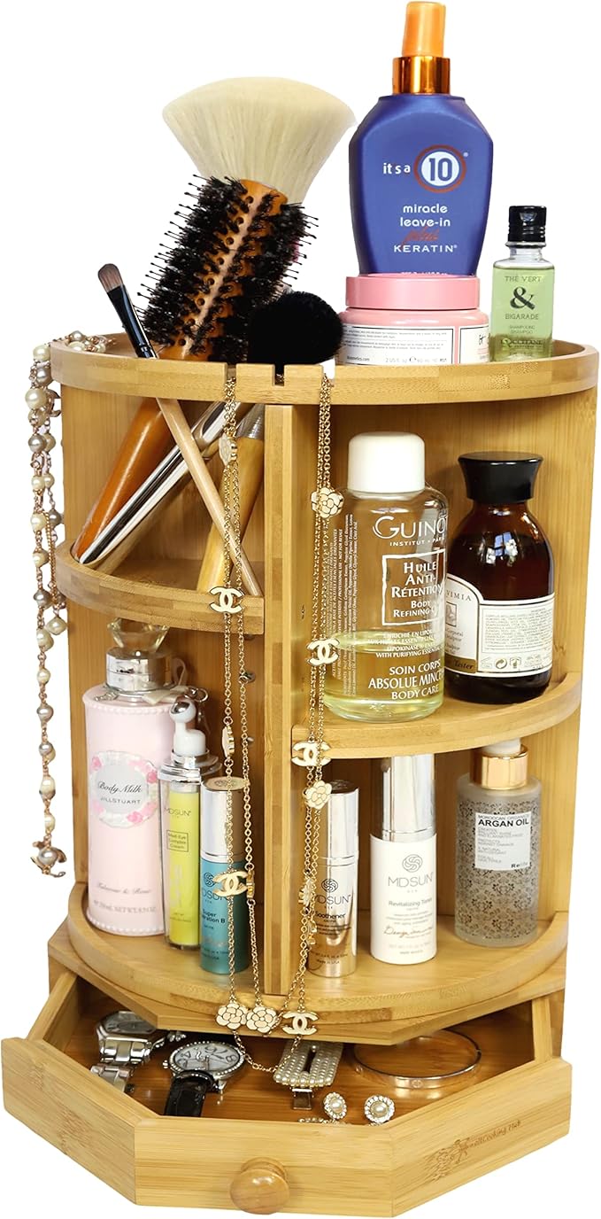 Bamboo Rotating Makeup Organizer with Adjustable Shelves & Drawer - Multipurpose Storage Carousel for Vanity, Bathroom, Kitchen, Bedroom, Desk