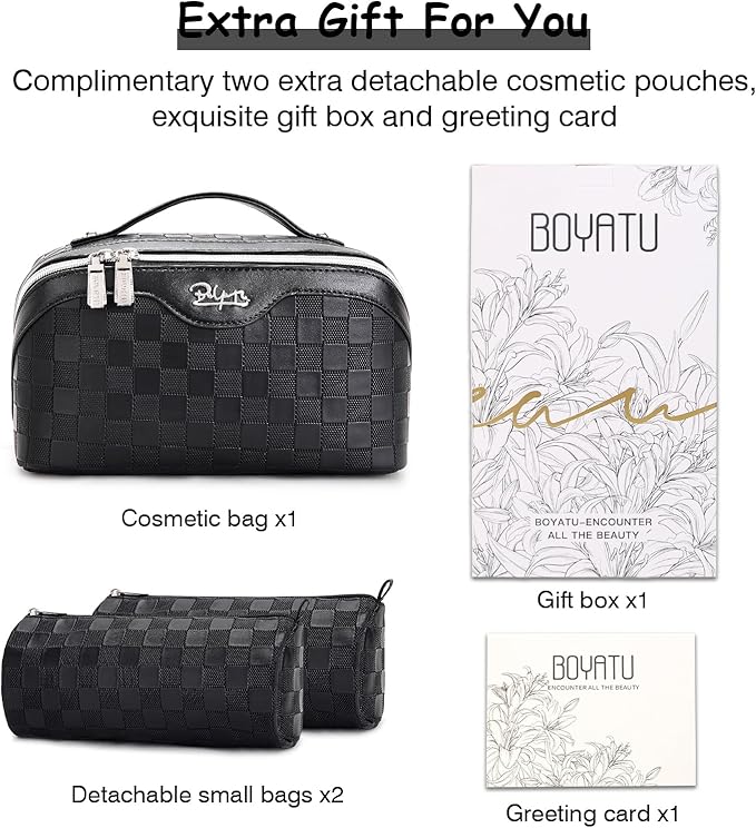 BOYATU Travel Makeup Bag Organizer Cosmetic Bag: 3 Pcs Set Large Capacity Make up Bag with Compartments - Waterproof Leather Toiletry Bags with Handle Travel Essentials Case Gifts for Women (01-Black)
