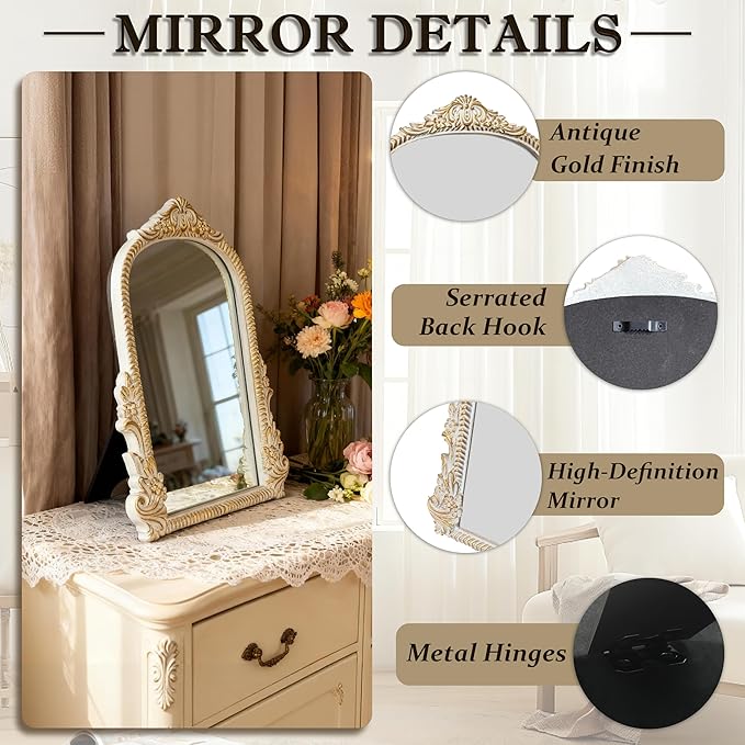 Baroque White Vintage Vanity Mirror 13x10 Inch, Wall-Mounted & Tabletop Dual-Use, Ornate Gold Accent Retro Decorative Mirror for Bedroom Dresser, Bathroom, Living Room and Dorm