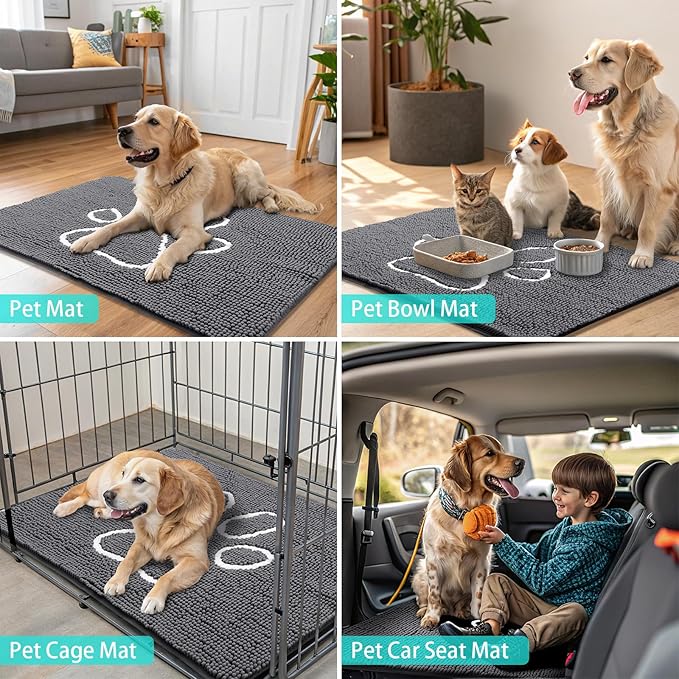 Smiry Dog Door Mat for Muddy Paws, Absorbent Dirt Trapper Non Slip Quick Dry Washable Chenille Mat for Mud Dogs, Entry Rug for Indoor and Outdoor (54x24 Inches, Dark Grey and White)
