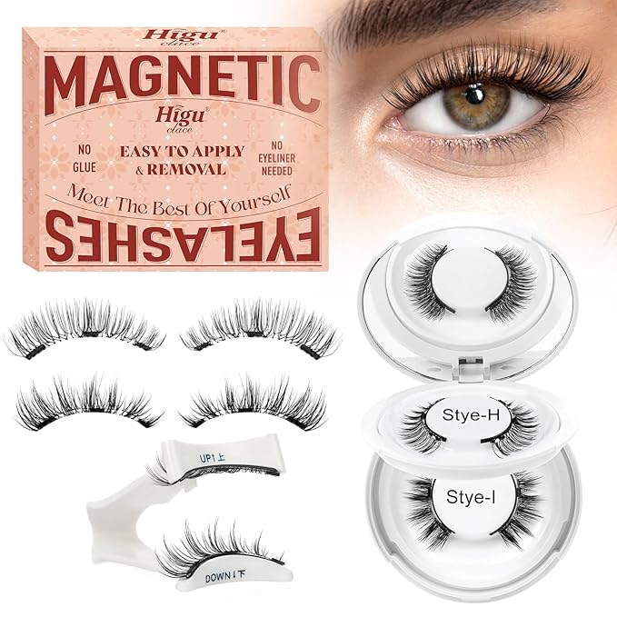 Higu clace Magnetic-Eyelashes 2 Pairs Magnetic Eyelashes with Applicator Soft Eyelashes Magnetic Lashes Natural Look Wispy pestañas magnéticas Without Eyeliner Easy to Wear and Remove(H+I01)
