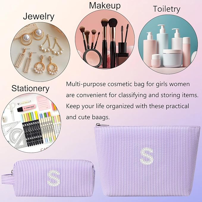 2 Pieces Makeup Bag Set Cute Cosmetic Pouch for Girls Women Stripe Travel Toiletry Bag Makeup Purse Pouch Aesthetic Skincare Brushes Storage Organizer for Christmas Women(Purple S)