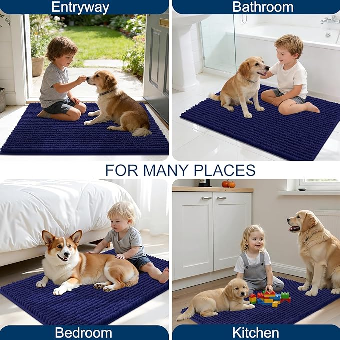 OLANLY Dog Door Mat for Muddy Paws 59x20, Ultra Absorbent Chenille Mud Doormat, Non-Slip Washable and Dirt Trapping Doormat for Indoor Entryway, Quick-Dry Indoor Pet Bed Mats for Dogs, Navy Blue