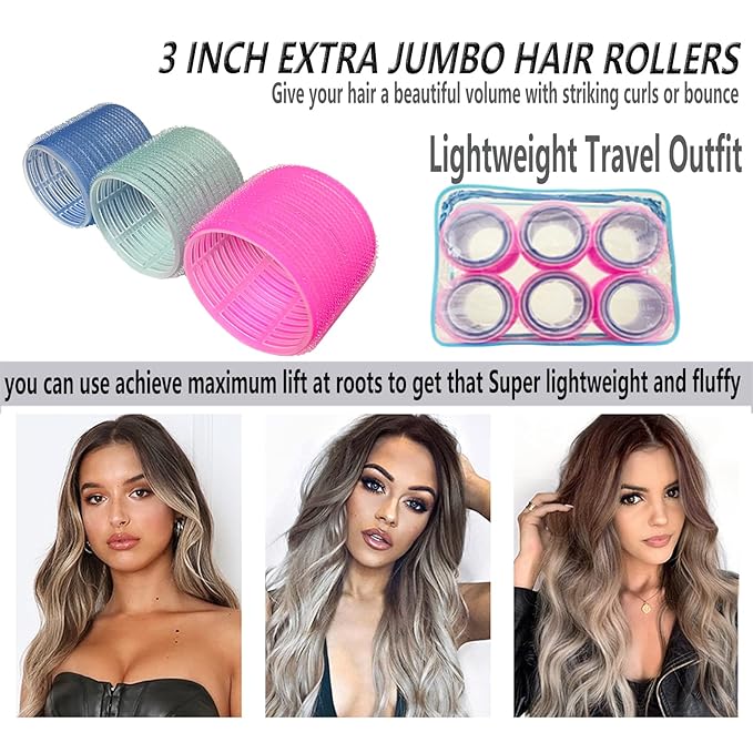 3'' Extra Large Hair Rollers Set for Long Hair, Jumbo Self-Grip VelcroRollers for Salon-Volume & Big Curls, 31 PCS with 3 Sizes (3"/2.5"/2"), Includes Clips & Comb, Travel Pack