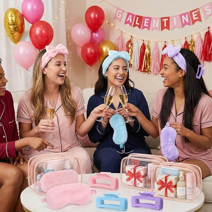 Hoteam 24 Pcs Galentine Spa Party Favors Supplies 6 Spa Headband 6 Plush Sleep Eye Mask 6 Hair Claw Clips 6 Clear Cosmetic Bags for Adult Sleepover Slumber Party Valentine Gift(Pink,Blue,Purple)