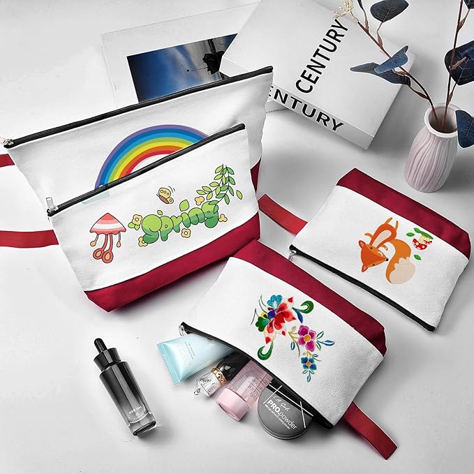 10 Pieces Cotton Canvas Makeup Bag with Bottom and Strap, Multi-Purpose Cosmetic Bag with Zipper Travel Toiletry Pouch, Blank DIY Craft Bag (White&Red, S)