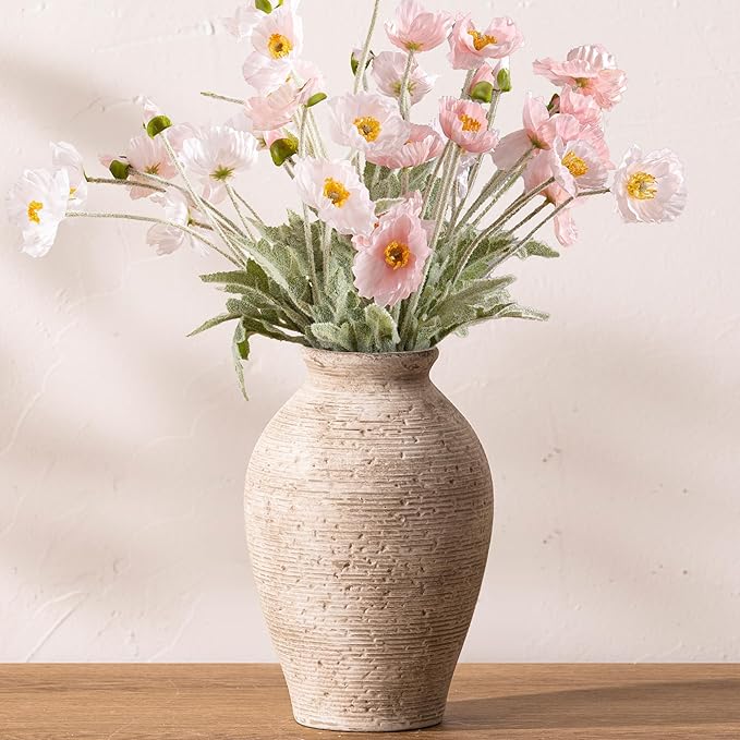 Ceramic Flower Vase Home Decor - Large Farmhouse Table Vases Rustic Vintage Living Room Kitchen Bedroom Decorations for House Book Shelf Office Coffee Desk Dining Fireplace (9" Retro)