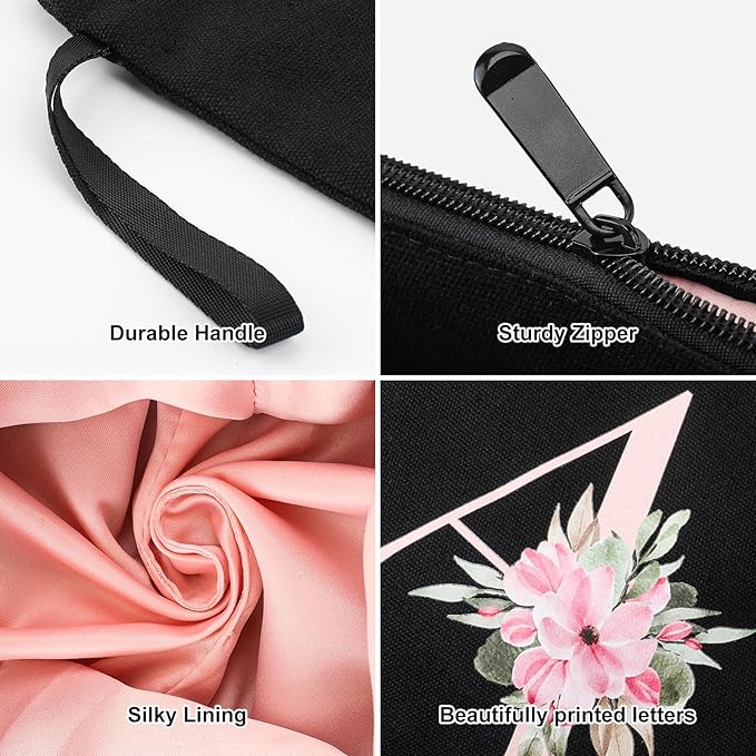 Vavabox A-Z Personalized Makeup Bag, Birthday Gifts for Women Mom, Gifts for Best Friend, Bride Bridesmaid Cosmetic bag (D, Black)