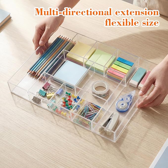 Large Acrylic Desk Deep Drawer Organizer with Adjustable Dividers, Anti-Skip Clear Desk Top Organizer Tray for Pens, Desktop, Office, Bathroom, Kitchen, Makeup Supplies(10 Compartments)