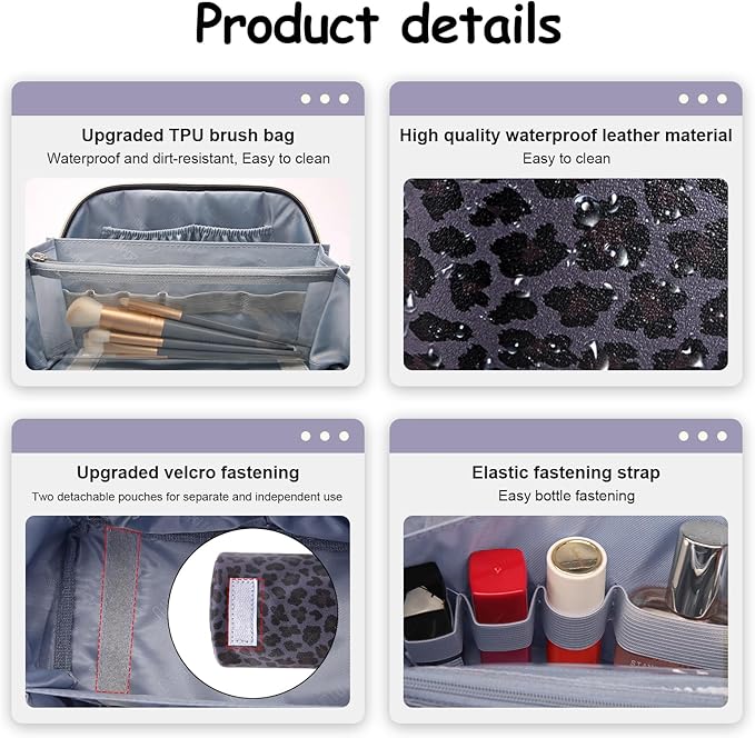 BOYATU Travel Makeup Bag for Women: 3 Pcs Set Portable Make up Bags with Handle - Leopard Print Cosmetic Bags with Comparments - Waterproof Vegan Leather Toiletry Bag (A-1-Purple)