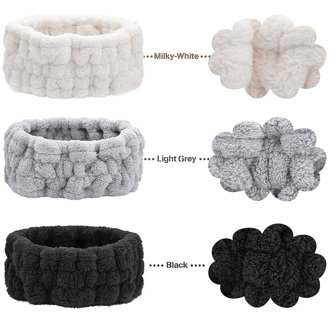 Chuangdi 3 Pieces Spa Headband for Women Facial Makeup Headband Soft Terry Cloth Hairband for Washing Face Mask Spa Shower Gifts(Black, White, Light Grey)