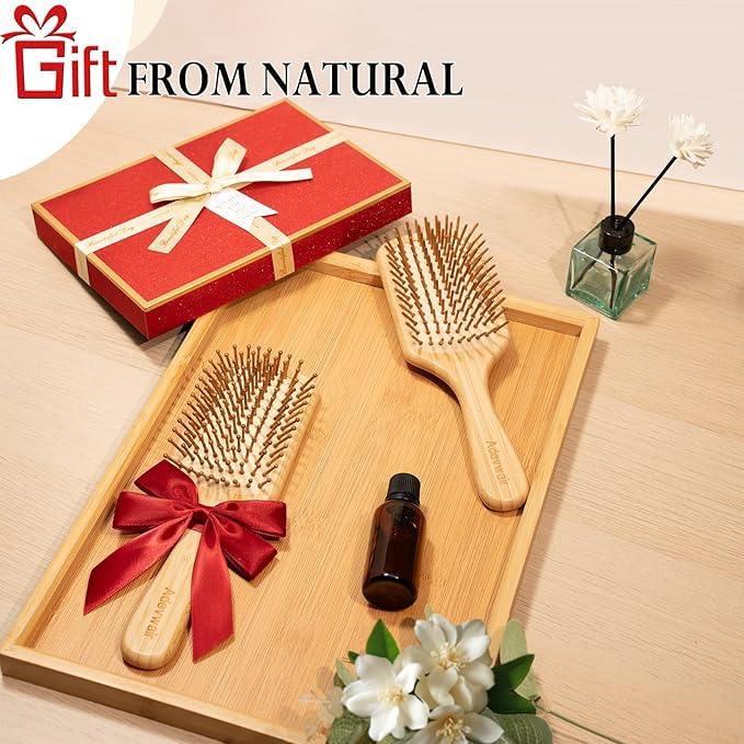 Bamboo Hair Brush for Men Women Detangling Thick Curly Hair, Natural Bamboo Bristles Wooden Paddle Hairbrush with Ergonomic handle for All Hair Types