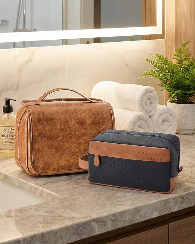 Elviros Hanging Travel Toiletry Bag Gift for Men，Mens Toiletries Bag Gifts Set Shaving Dopp Kit Water-resistant Bathroom Toiletries Organizer PU Leather Cosmetic Bags 2 Pack