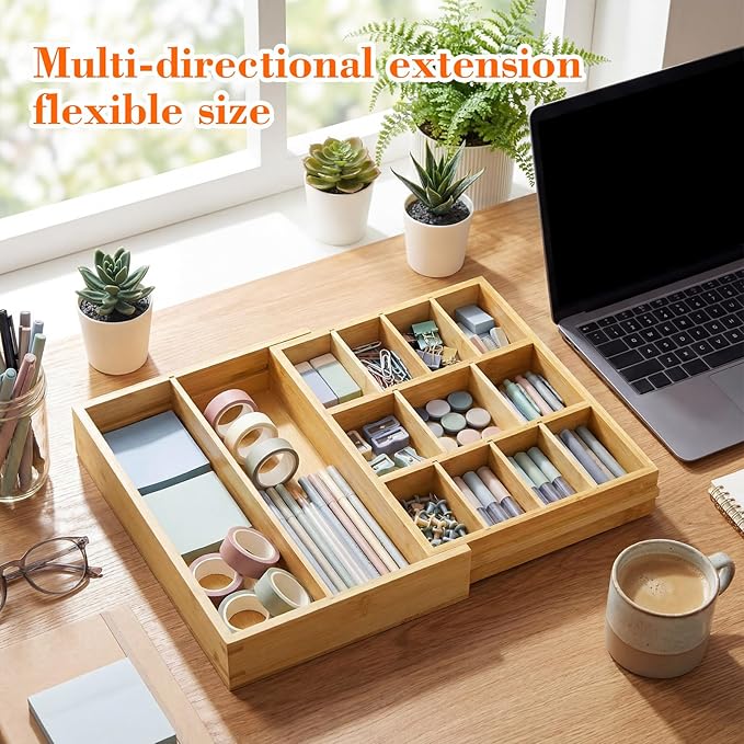 1 Pcs Bamboo Desk Drawer Organizer Wood 2 Inch Height Expandable Drawer Organizer Trays with 13 Adjustable Compartments Desk Accessories for Makeup Silverware Office Bathroom(Wood, Natural)