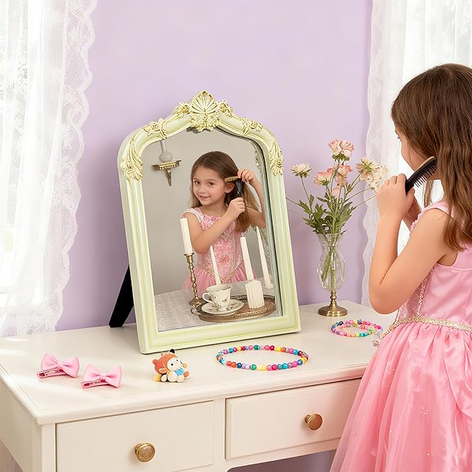Cream Flower Bow Mirror - 13x10 Inch Perfect Elegant Decorative Accent, Wall-Mounted Tabletop Makeup Mirror for Nursery Baby Room Bedroom Decor