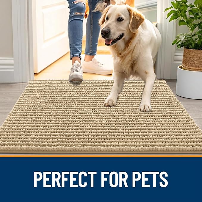 OLANLY Dog Door Mat for Muddy Paws 30x20, Ultra Absorbent Chenille Mud Doormat, Non-Slip Washable and Dirt Trapping Doormat for Indoor Entryway, Quick-Dry Indoor Pet Bed Mats for Dogs, Beige