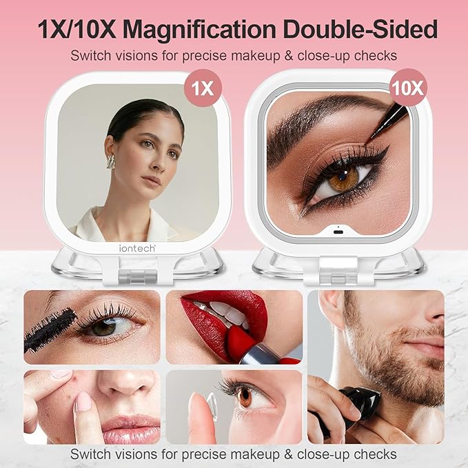 ION Magnified Mirror with Lights,1X/10X Magnifying Glass,2500mAh Battery Double Sided Vanity Mirror,7in Makeup Mirror with 3 Color Light,Brightness Adjustment Memory,Folding Stand (White)
