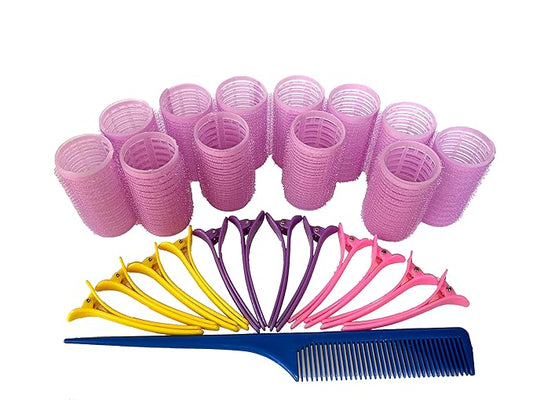 Kamay's Hair Rollers Curlers Rollers With 12 Duckbill Sectioning Clips 1 Comb Used for Hair Styling Self Grip Rollers(12PCS 30mm/1.2")