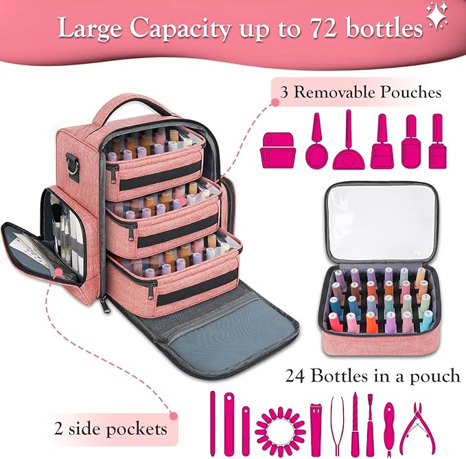 YOREPEK Nail Polish Organizer Holds 72 Bottles (15ml-0.5 fl.oz) Large Nail Polish Carrying Case with 3 Removable Pouches and 4 Zippered Pockets for Manicure Tools, Supplies, Nail Lamp, Gift for Women