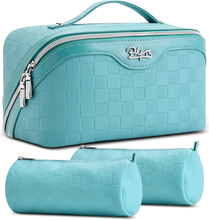 BOYATU Travel Makeup Bag Organizer Cosmetic Bag: 3 Pcs Set Make up Bags for Women with Handle - Waterproof Vegan Leather Toiletry Bags Travel Essentials Pouch with Compartments (01-C-Blue)