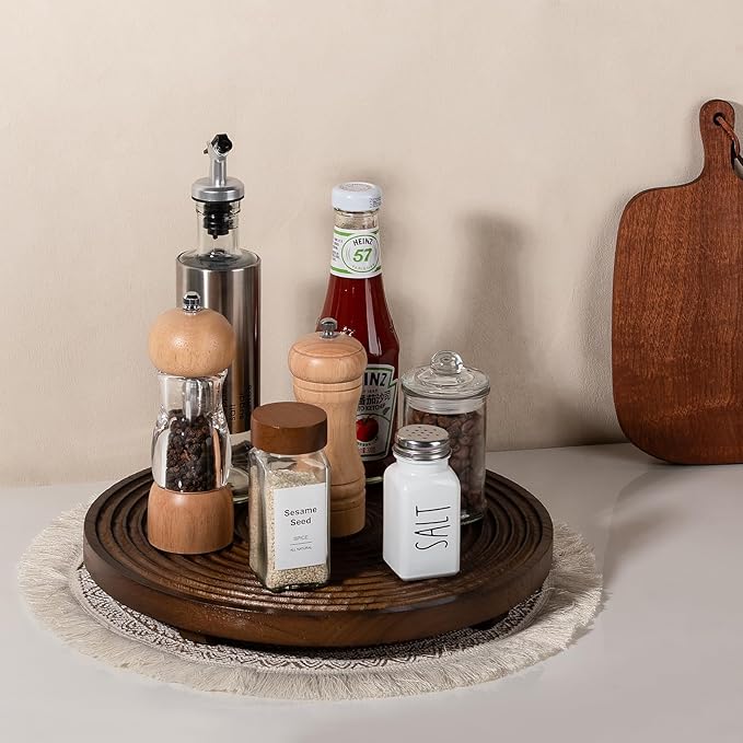 Round Decorative Tray Framhouse Bathroom Decor Wood Riser Kitchen Countertop Organizer for Perfume, Candle, Plant, 12 inch Walnut