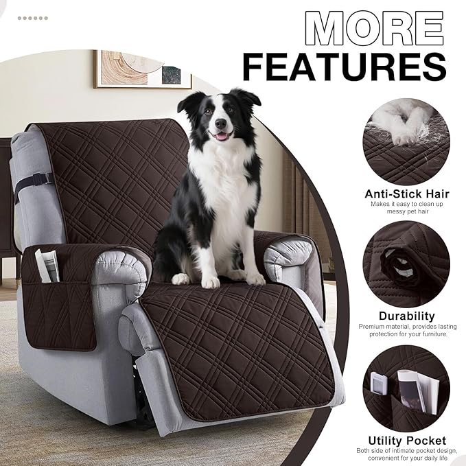 TAOCOCO Waterproof Recliner Chair Covers 30 Inch Wide, Oversized Recliner Covers for Recliner Chair with Pocket, Recliner Slipcovers with Straps Furniture Protector for Kids Pets (30'', Coffee)