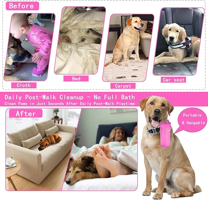 Dog Paw Cleaner Kit for Medium & Small Dogs - Quick Clean No Full Bath, 2-in-1 Paw Wash Cup with Detachable Silicone Brush Head, Includes Bath Brush & 3 Absorbent Towels, Pink