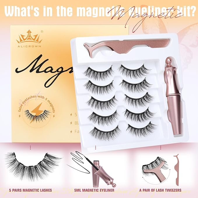 Magnetic Eyelashes with Eyeliner Natural Look Magnetic Lashes with Applicator No Glue Needed Cat Eye Lash Wispy Magnet Lash 5 Pairs with Magnet Eyeliner