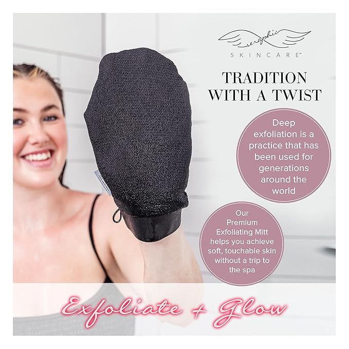 Seraphic Skincare Original Premium Exfoliating Mitt for Body (2pc) – 100% Vegan Viscose Traditional Body Scrub Glove Kessa Korean Washcloth – Body Exfoliator for Self-Tan Removal & Keratosis Pilaris