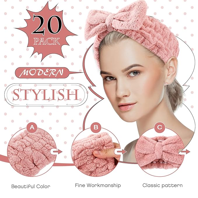Yunlly 20 Pcs Spa Headband for Women 4 Inches Width Facial Makeup Hair Band Bulk Skincare Headbands for Washing Face Bowtie Slumber Party Supplies Fluffy Head Wraps(Rose Pink)