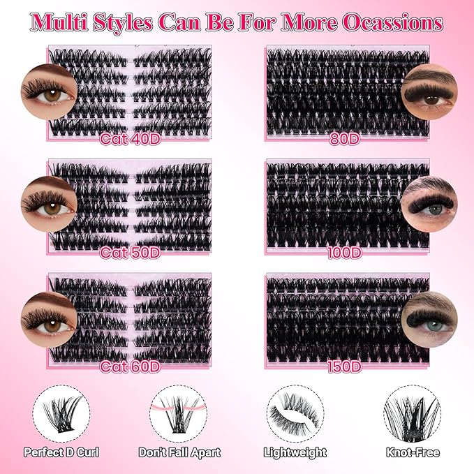 Lash Clusters Kit Eyelash Clusters Kit Cat Eye Lashes Clusters Lash Extension Kit Cluster Eyelash Extensions Pestañas Postizas Naturales with Lash Bond&Seal,Remover,Lash Tweezers(Cat Eye Lash Kit)