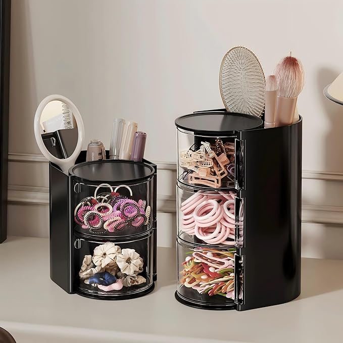 Hair Accessories Organizer with Hair Brush Holder, Rotatable Makeup Brush Holder for Necklaces, Earring, Bracelet, Ring, Makeup Brushes, Hair Clip and Hair Accessories (Black, 3-Layer)