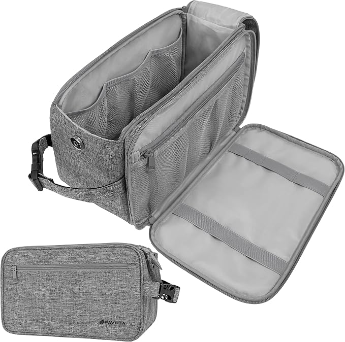 PAVILIA Toiletry Bag for Men, Travel Essentials Shaving Dopp Kit, Mens Travel Bag Toiletries Organizer Case for Grooming, PU Leather Water Resistant Cosmetic Bag Pouch (XL, Heather Grey)