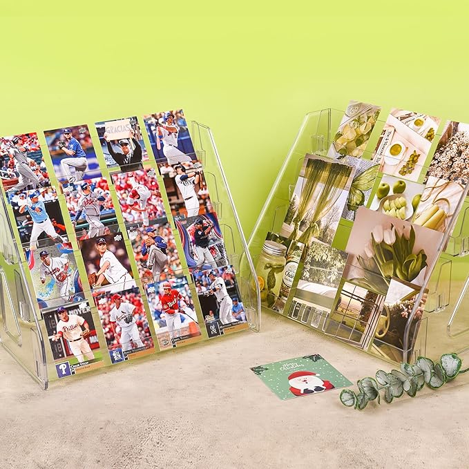 CELSOL 2 Pack Elevated 4 Tier Clear Acrylic Card Display Stand for Trading Cards, Sports Cards, Greeting Cards, Stickers – Slanted Holder for PSA Slabs, Vendors, Collectors & Retail (4 Tier 2 Pack)