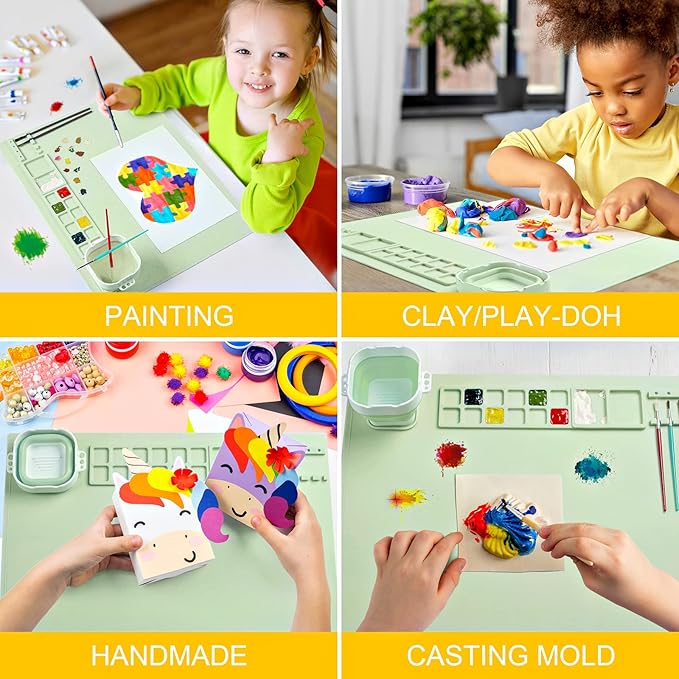 Silicone Painting Mat, Silicone Art Mat with Cup, Silicone Craft Mat with Paint Brush Cleaner Tool, Silicone Artist Mat for Kids Gift Painting Clay DIY Creations, Gift Packaged