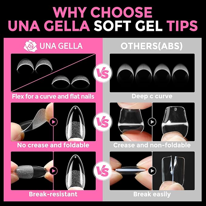 UNA GELLA Almond Nail Tips 216pcs Medium Almond Press on Nails Pre-shape Gel Fake Nails for Full Cover Acrylic French False Nails For Nail Extension, DIY Salon 12 Sizes Gelly Tips