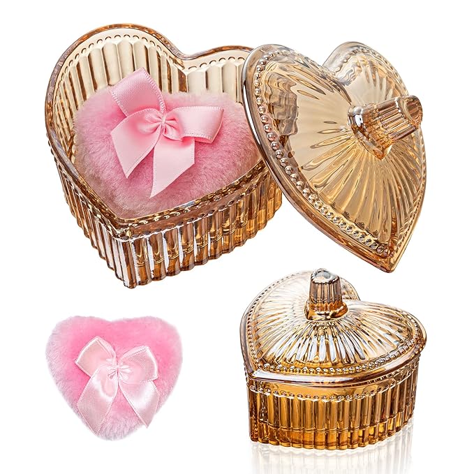 2 Pieces Large Body Powder Puff and Container - Dusting Powder Container with Puff, Crystal Case, Body Powder for Women Soft Washable Reusable Velour Face Body Glitter (Amber Love)