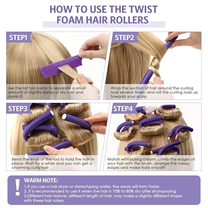 Tigeen 96 Flexible 9.45 Inch Soft Twist Foam Hair Rollers, No Heat Hair Styling with 2 Rat Tail Combs (0.3 In, Purple)