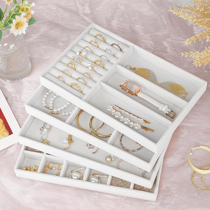 Cirhy 4 Stackable Jewelry Organizer Trays for Drawer, White Velvet Jewelry Drawer Inserts for Necklaces Rings Earrings & Bracelets, Elegant Jewelry Storage Tray & Display Case, Gift for Women