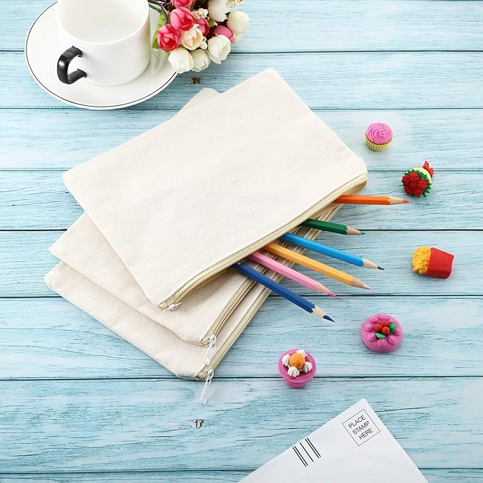 meekoo 16 Pack Blank Canvas Pouch Zipper Cosmetic Bag Bulk Plain Makeup Pouch Sublimation DIY Craft Multipurpose Travel Toiletry Bag for Makeup Cosmetic Stationary Storage Organizer(S,Beige)