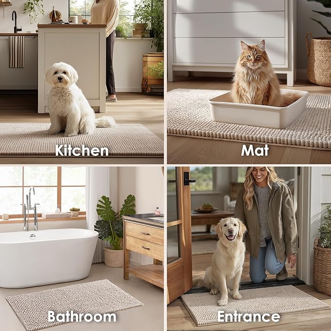 EHEYCIGA Super Absorbent Dog Door Mat for Muddy Paws 30x20 Inch Indoor, Front Doormat Outside Entrance, Quick Dry Chenille Washable Dog Crate Bed, Non-Slip Pet Rug Mud Mat Outdoor Entryway, Beige