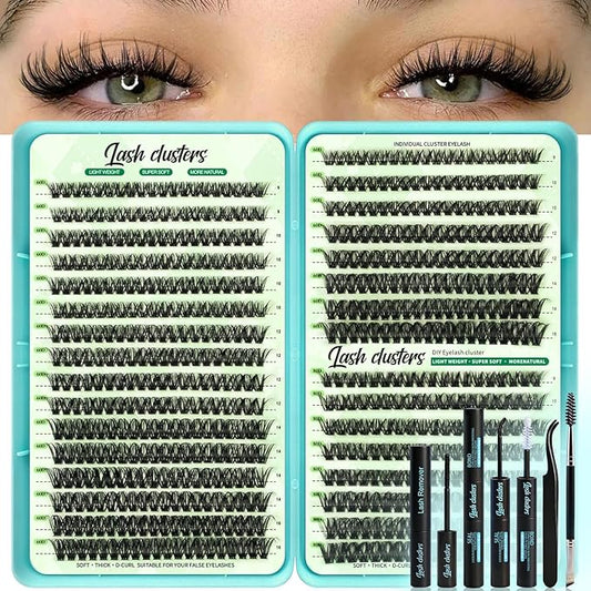 Wispy Lash Clusters Kit, D Curl Lashes Clusters Natural Look 9-16mm Individual Super Thin Band DIY Cluster Eyelash Extensions Kit with Bond Seal Tweezers Brush Remover (60D 80D Mix)