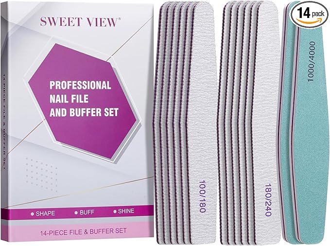 SWEET VIEW 14PCS Nail File and Buffer Set, 100/180 180/240 Grit Emery Boards for Acrylic Gel Natural Nails, with 1000/4000 Grit Buffer Block for High Shine, for Women