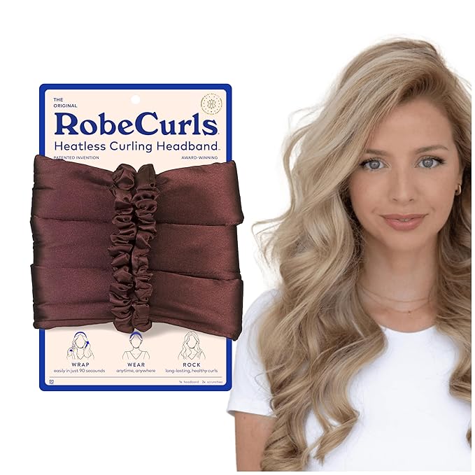 RobeCurls Original Heatless Hair Curler Set with 2 Scrunchies - Patented Satin Curling Headband with Wire Hold for Heatless Curls Overnight - Gentle Hair Curlers to Sleep In for Women & Kids, Mocha
