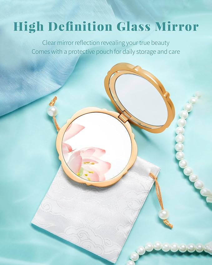 Lotus Bloom Compact Mirror, Small 2X Magnifying Makeup Mirror for Purse Pocket, Mini Portable Folding Blue Mirror, Chinese Style Gift for Women Girls