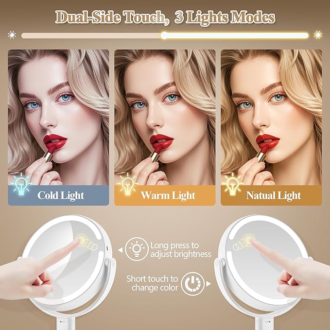 MOMOKUBA Makeup Mirror with Lights, Double Sided 1x/30x Magnifying Mirror with Light, Rechargeable 3 Color Lights and Adjustable Brightness, 360° Rotation Detachable Comes with Tweezer(White-30X)